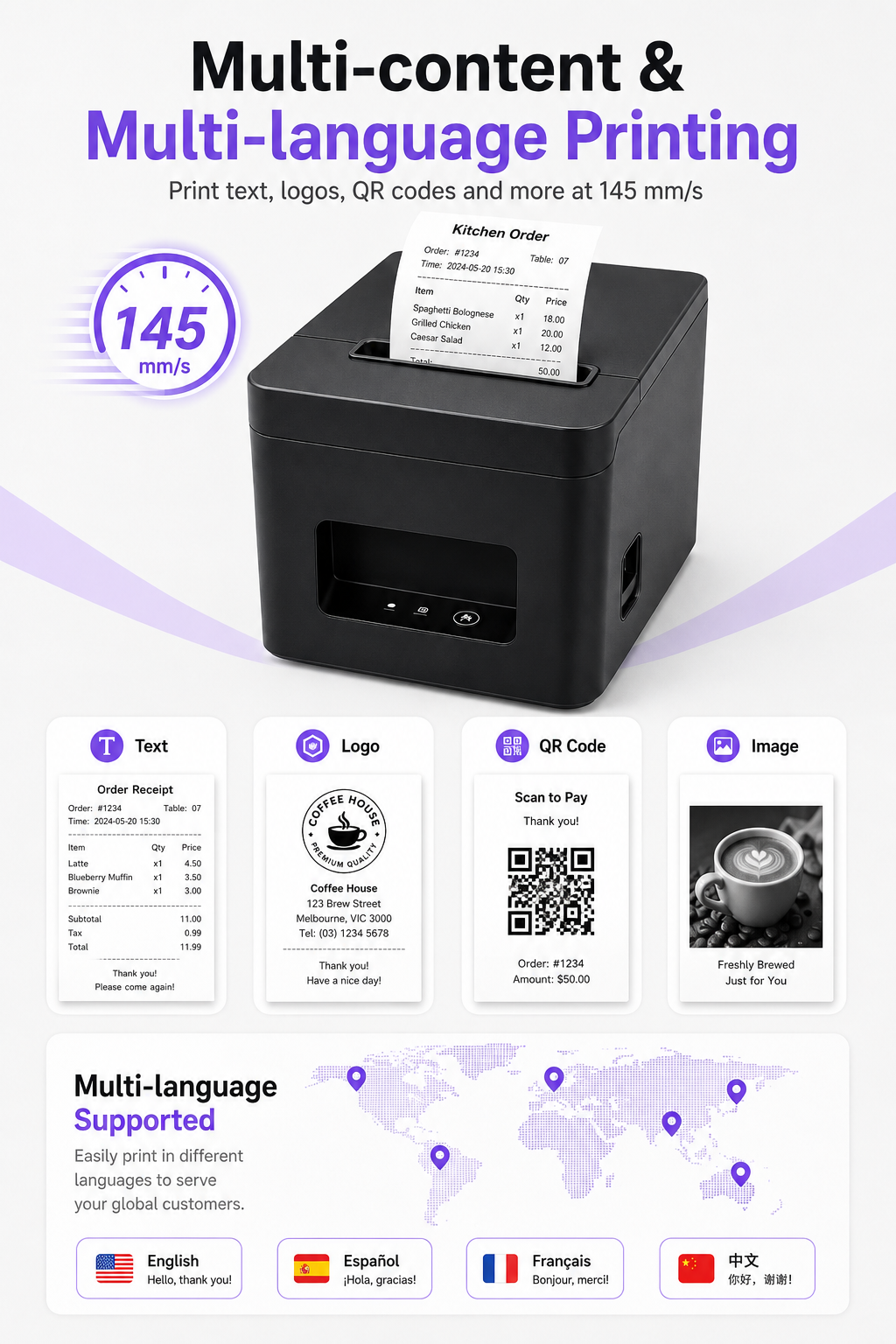JL-320 thermal receipt printer multi-content multilingual printing and 145mm per second speed
