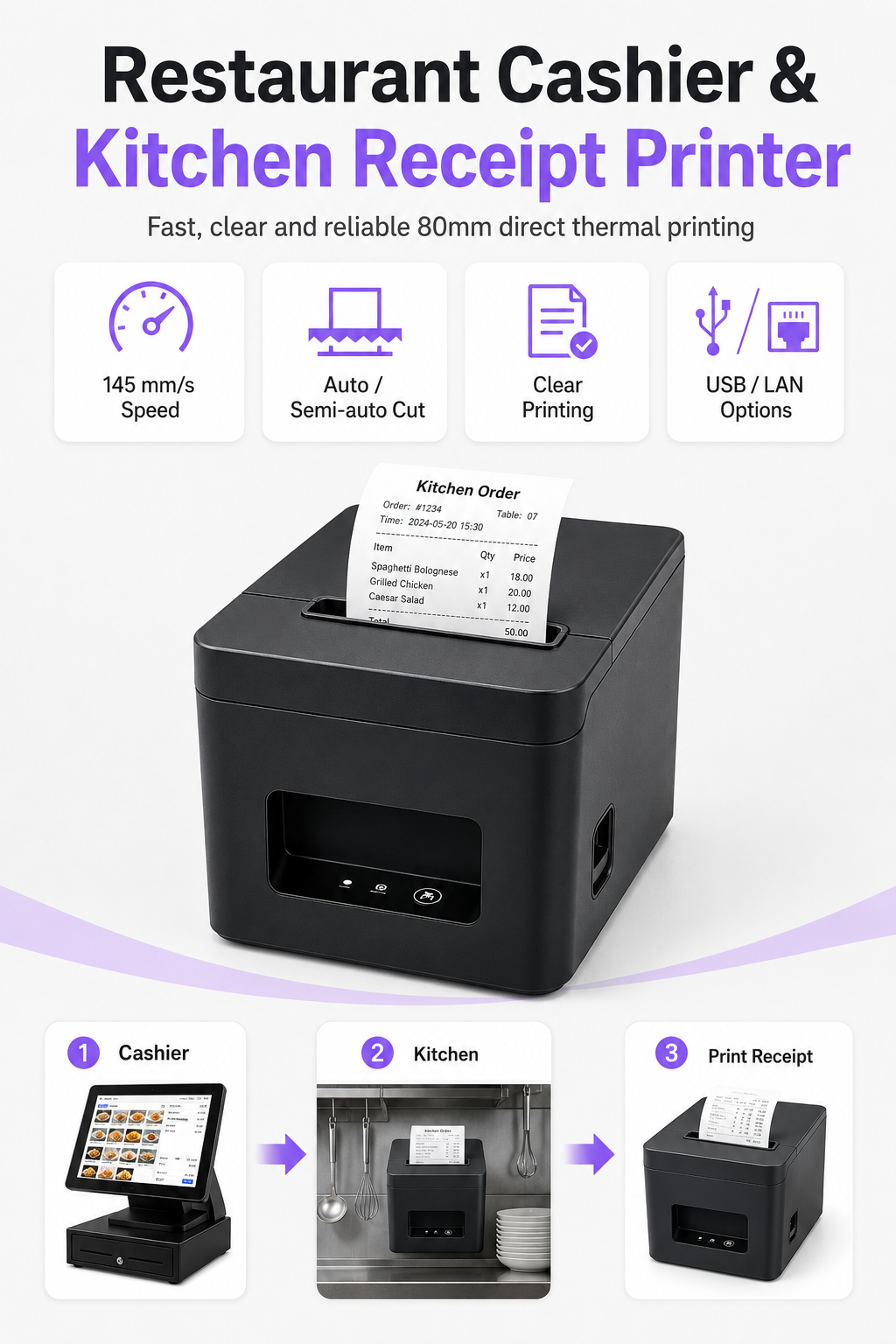 JL-320 restaurant cashier and kitchen 80mm thermal receipt printer