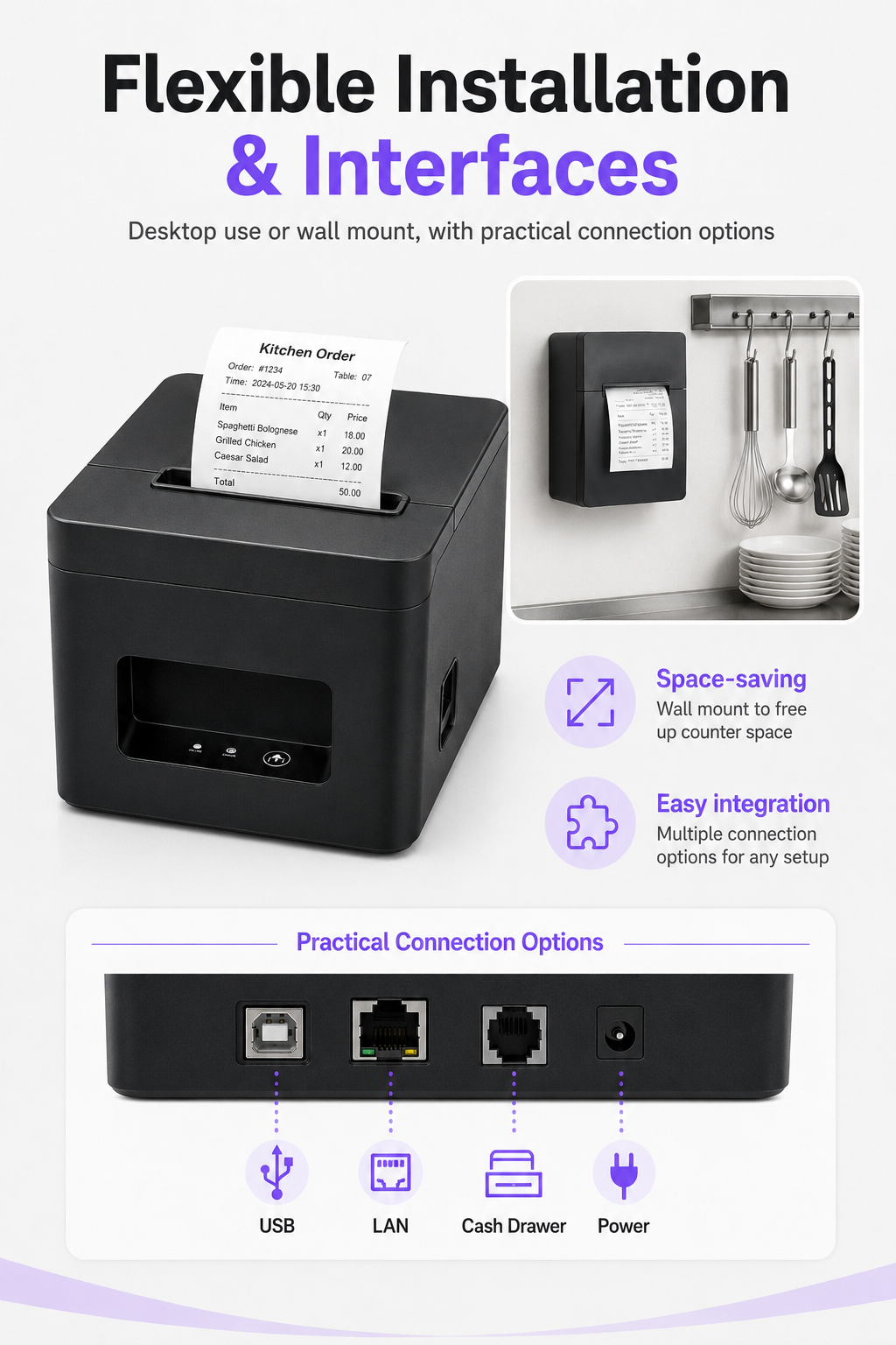 JL-320 POS receipt printer flexible installation USB LAN cash drawer interfaces