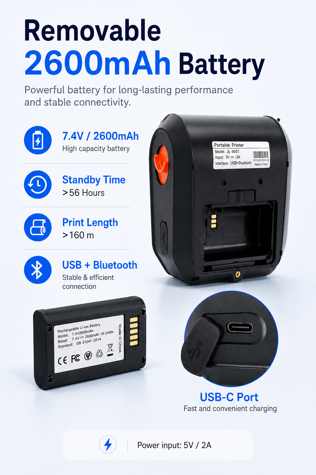 JL-8001 portable thermal label printer removable 2600mAh battery