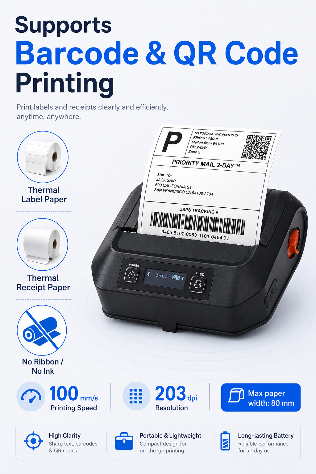 JL-8001 thermal label printer barcode and QR code printing