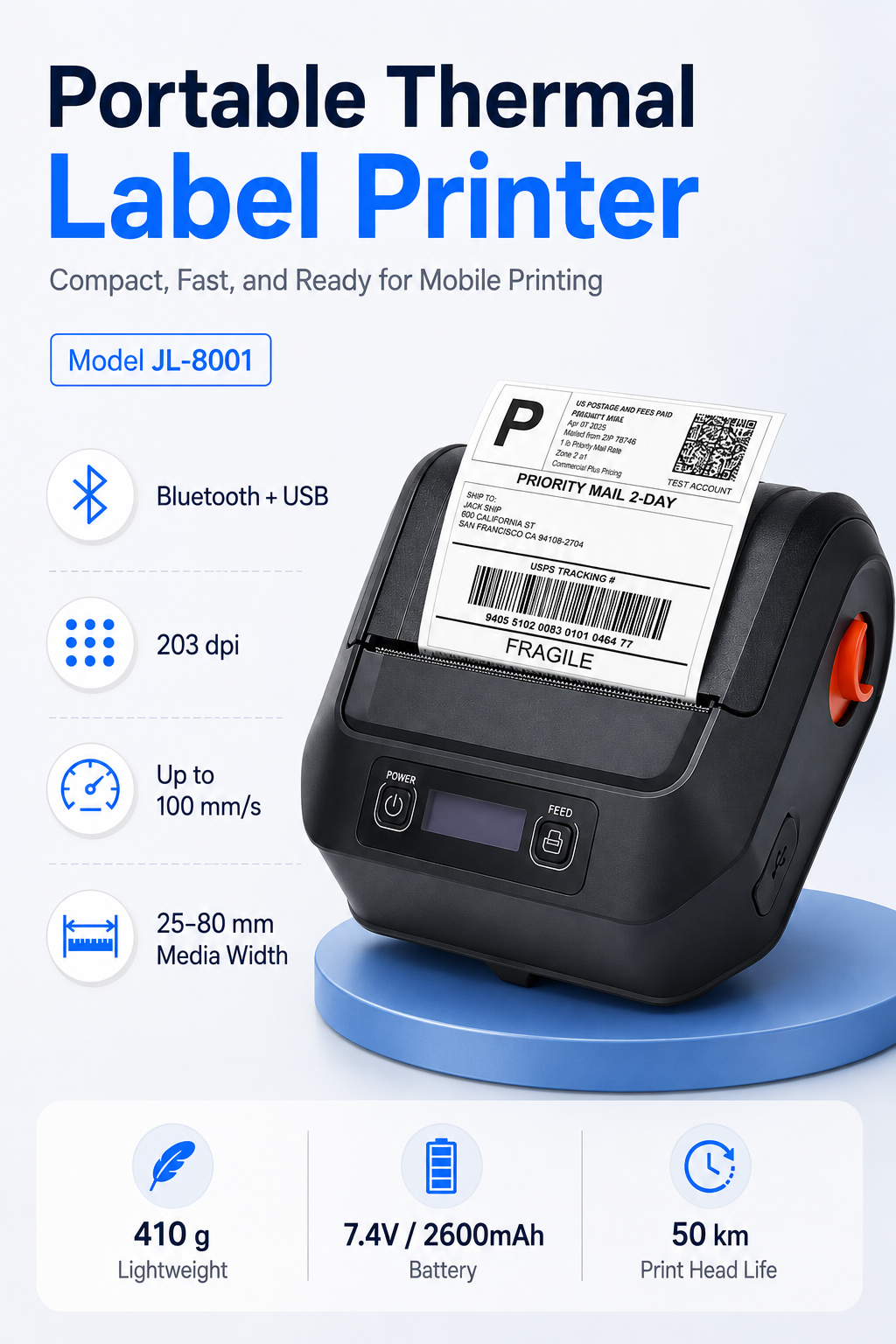 JL-8001 portable thermal label printer key specifications