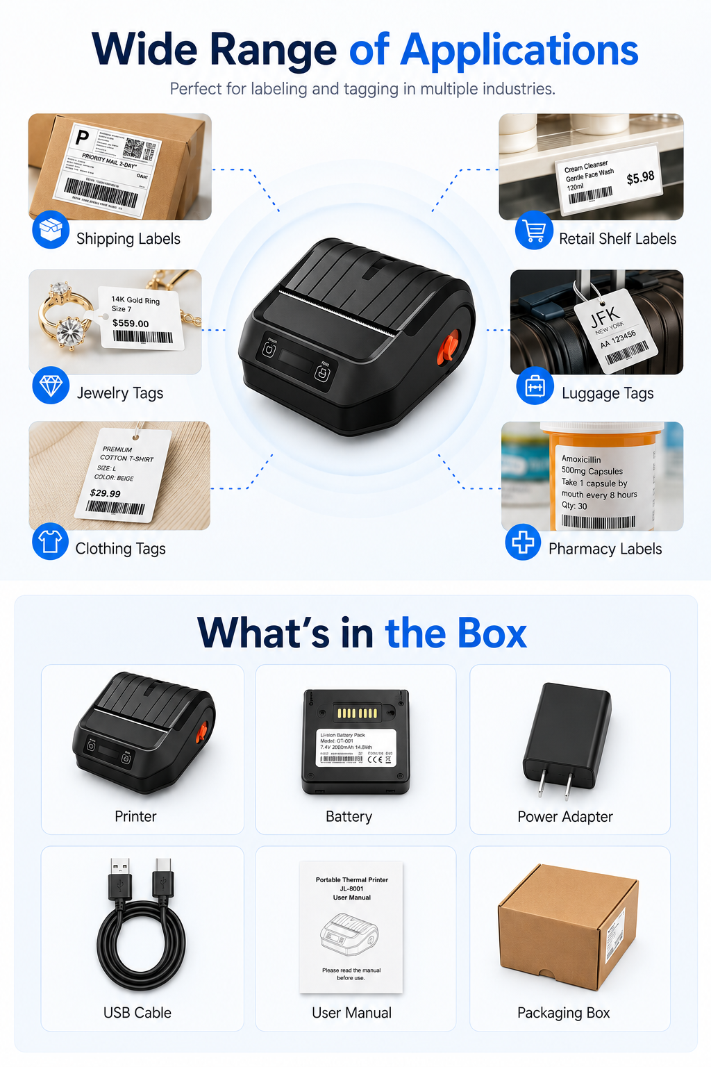 JL-8001 portable label printer applications and package contents