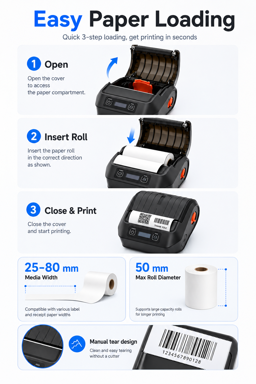 JL-8001 thermal printer easy paper loading and media compatibility