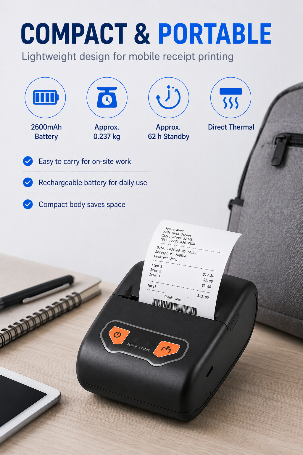 JL8005 58mm portable thermal receipt printer compact design and battery features