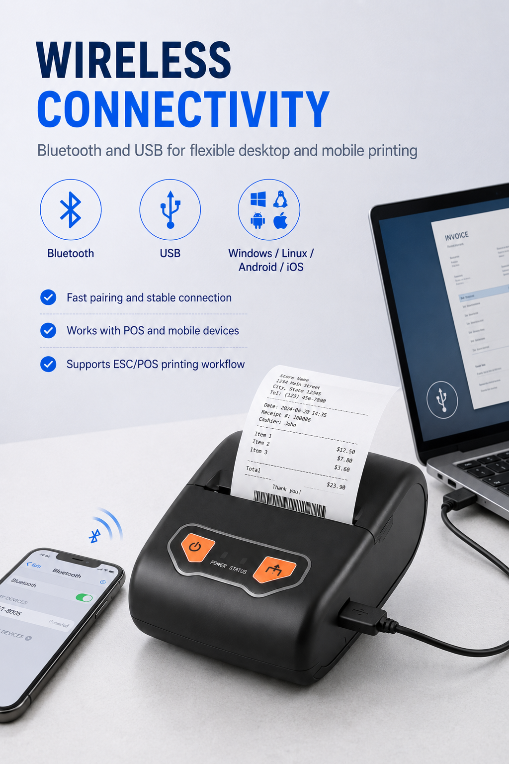 JL8005 Bluetooth USB portable receipt printer connectivity