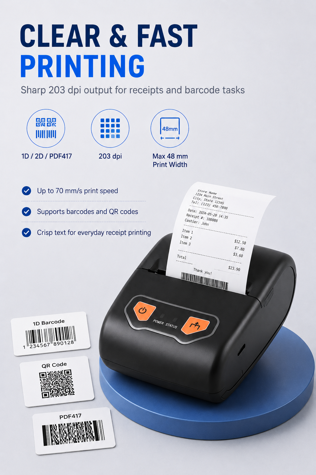 JL8005 203 dpi thermal receipt printer barcode QR code PDF417 printing
