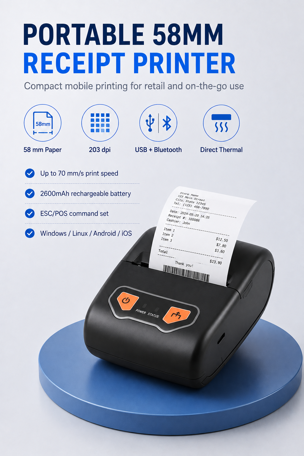 JL8005 58mm portable Bluetooth thermal receipt printer specifications