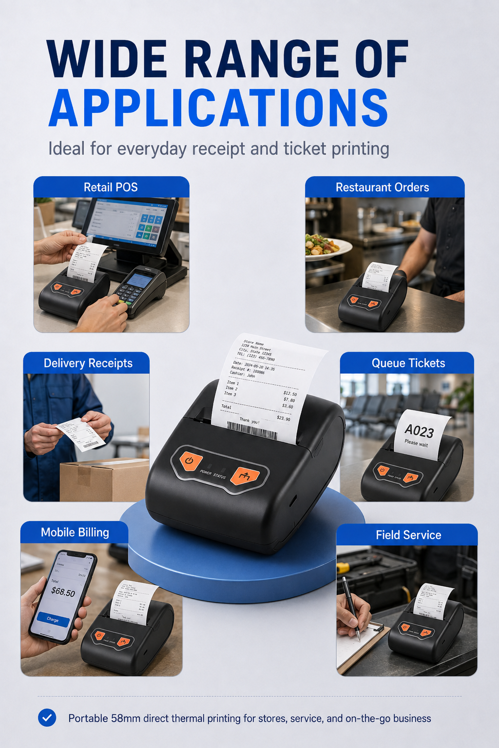 JL8005 portable receipt printer retail restaurant delivery and mobile POS applications