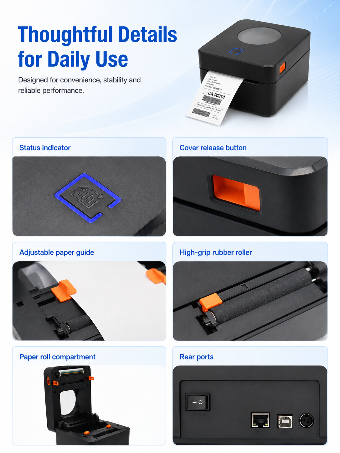 JSL130 thermal label printer thoughtful design details