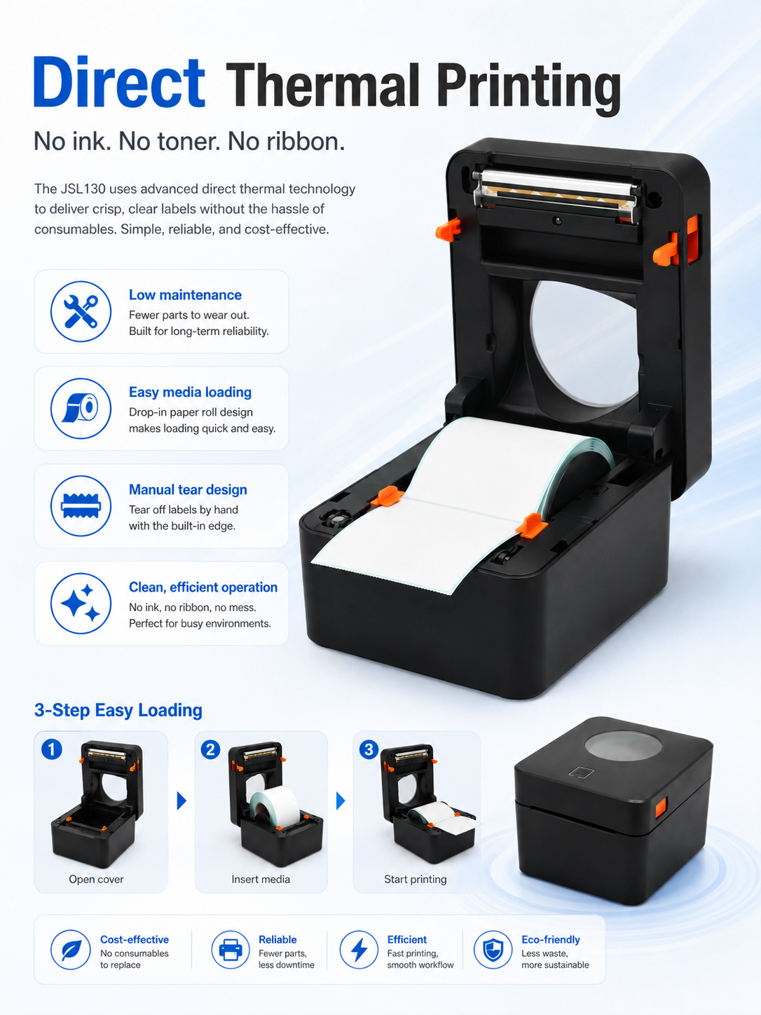 JSL130 direct thermal printing and easy media loading
