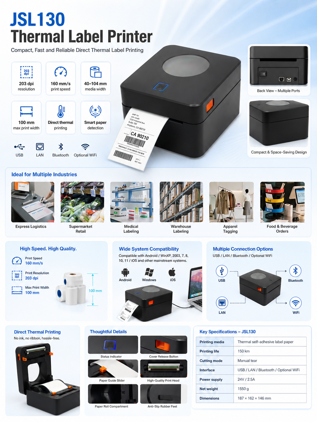 JSL130 4 inch thermal label printer specifications and features