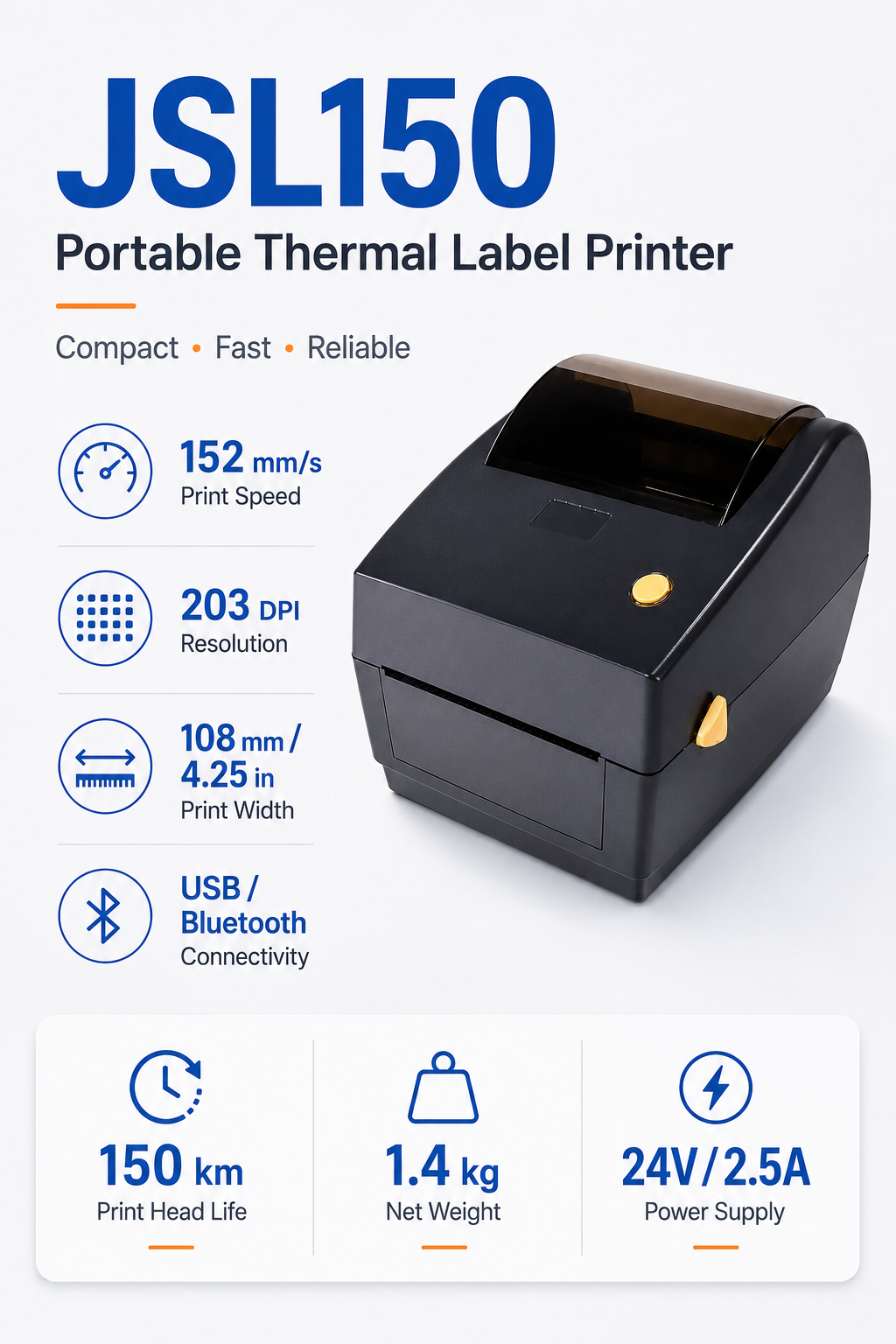 JSL150 4 inch direct thermal label printer key features and specifications