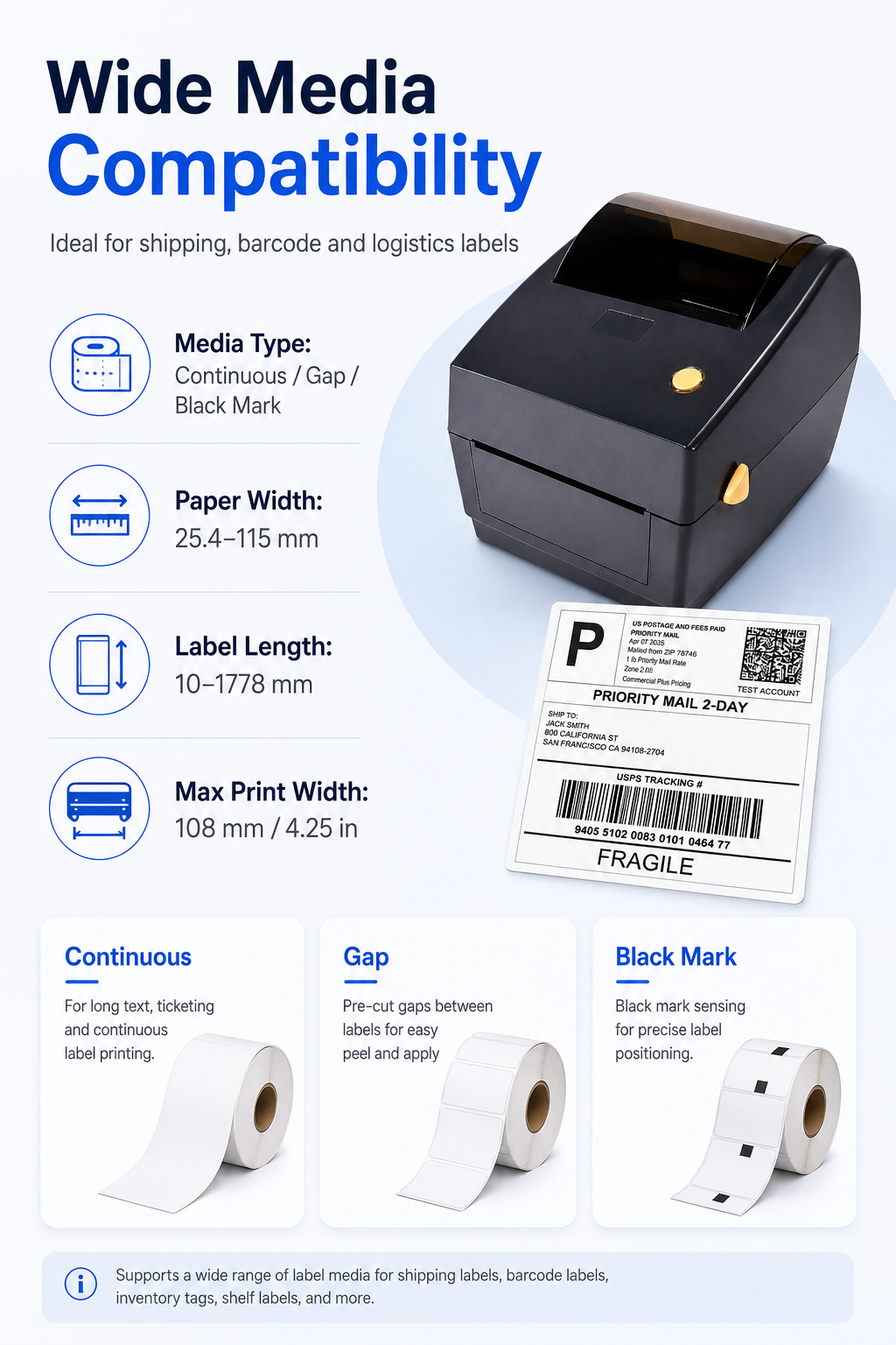 JSL150 thermal label printer media compatibility and paper width