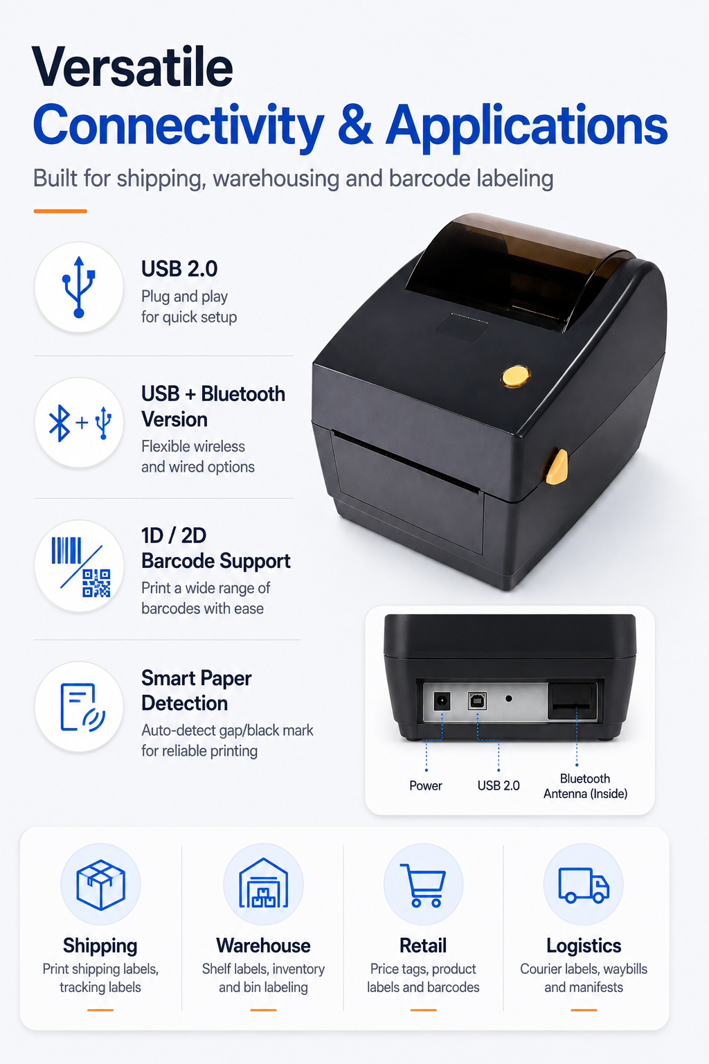 JSL150 USB Bluetooth thermal label printer applications and connectivity