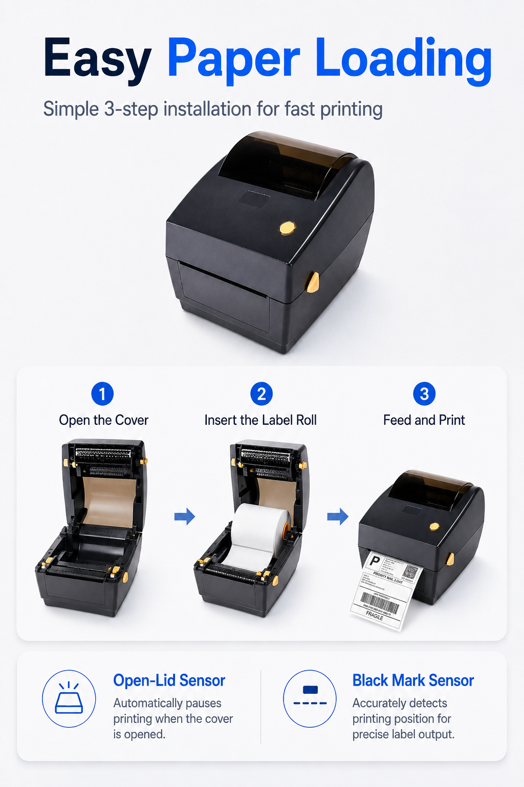 JSL150 thermal label printer easy paper loading and smart detection
