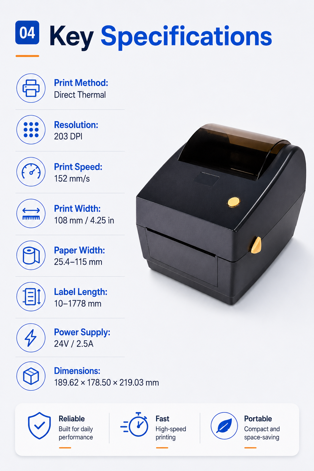 JSL150 4 inch thermal label printer technical specifications