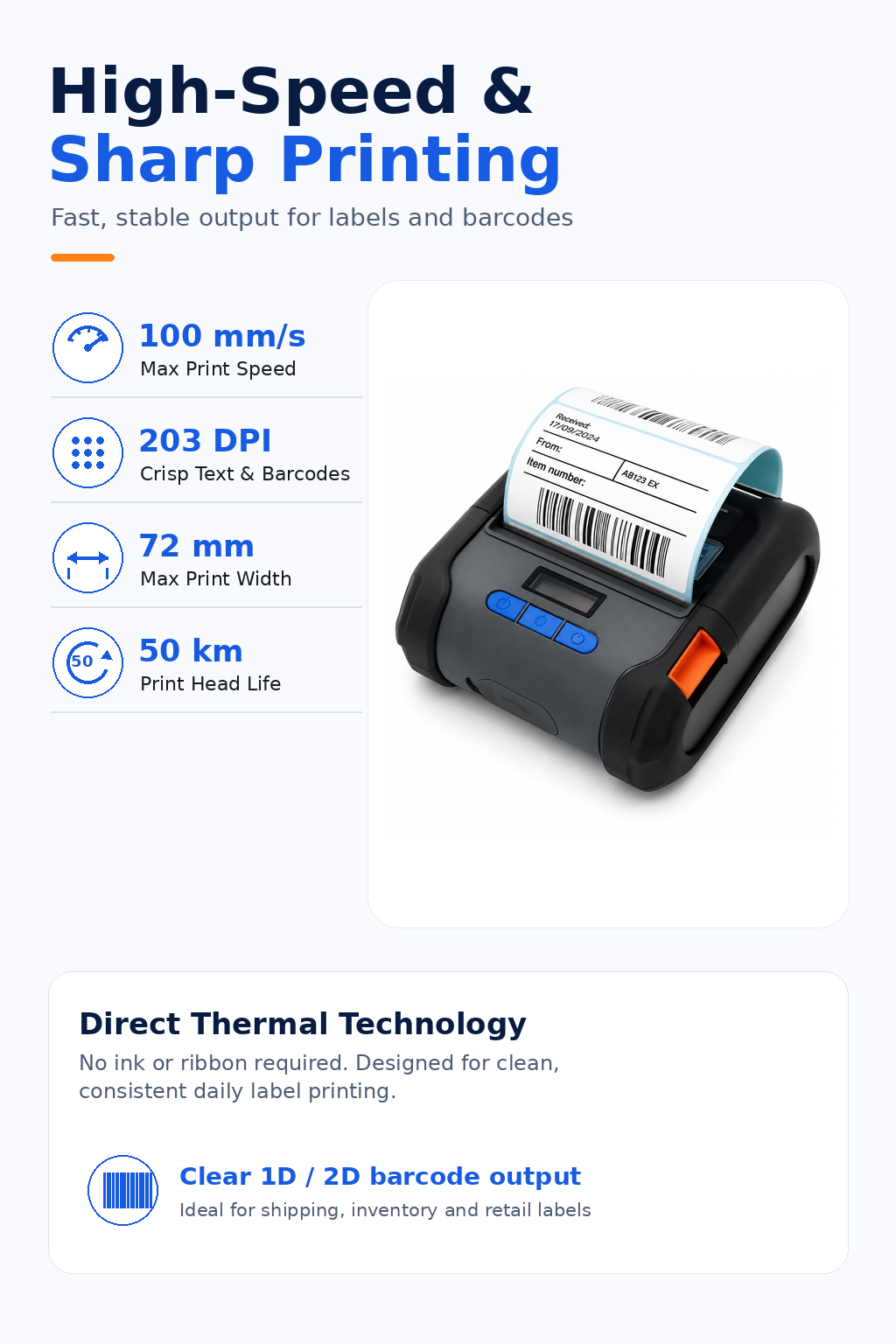 JSL809 80mm portable thermal label printer printing speed and resolution