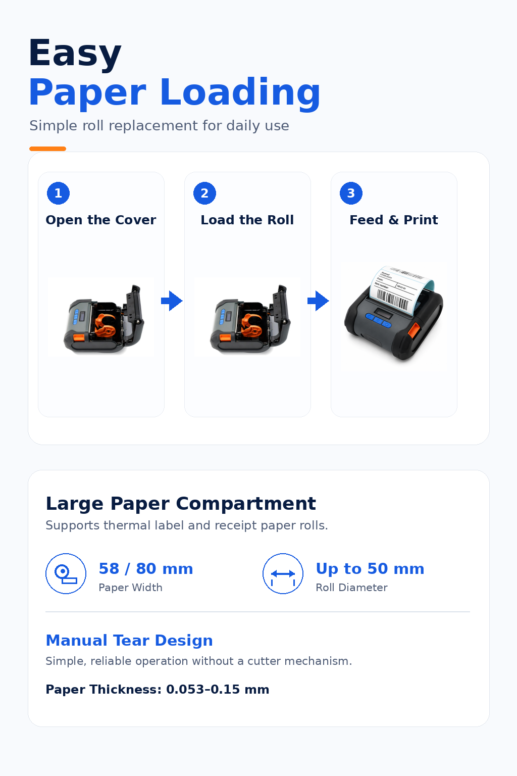 JSL809 portable label printer easy paper loading and media specifications