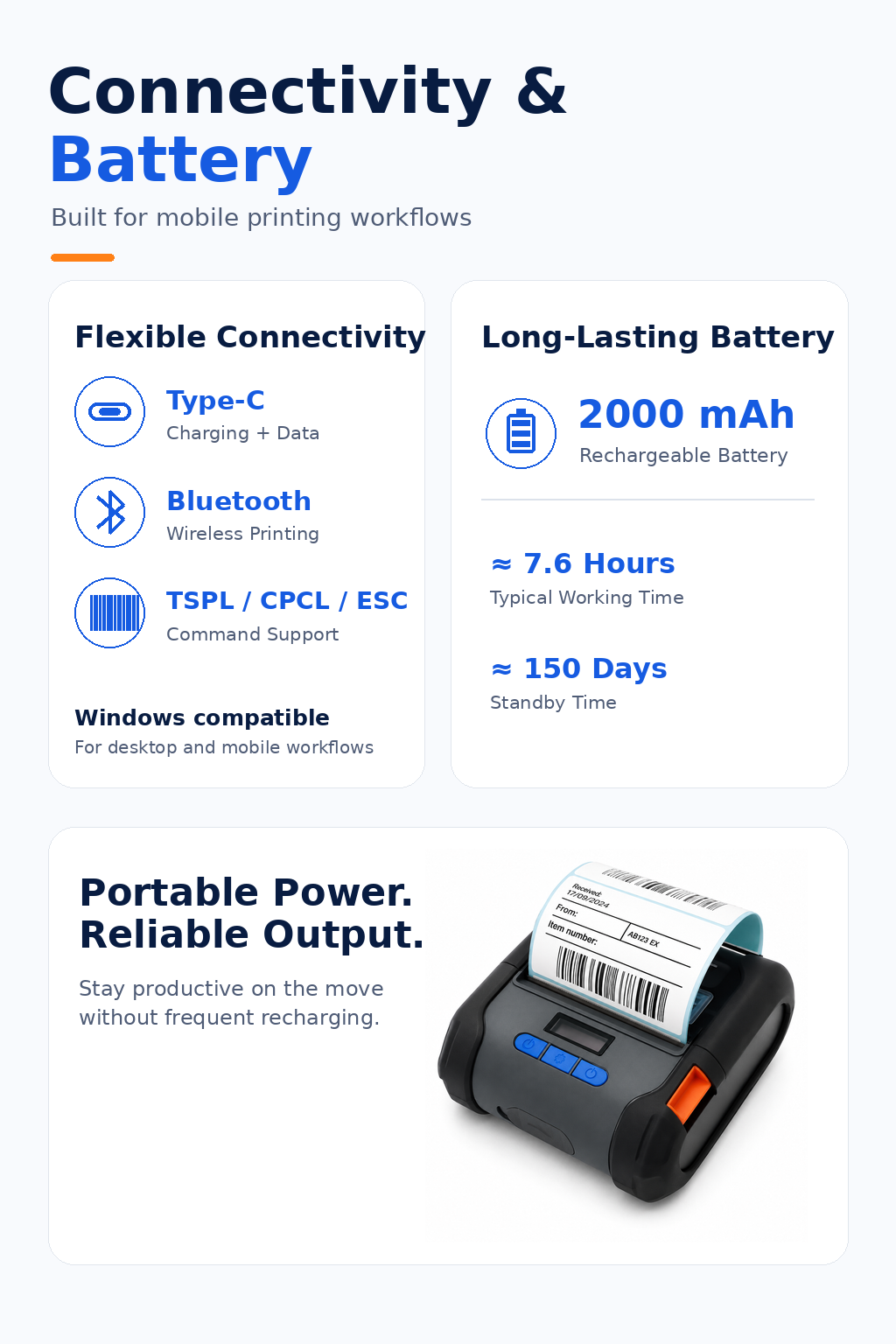 JSL809 Bluetooth thermal label printer connectivity and 2000mAh battery