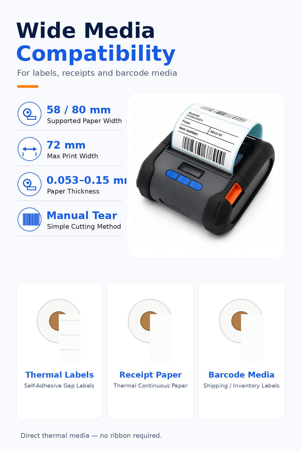 JSL809 portable label printer paper width media compatibility and manual tear design