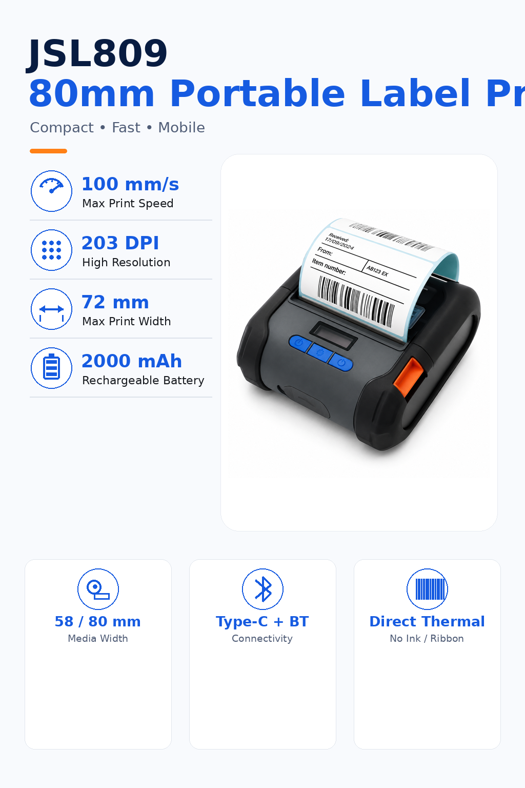 JSL809 80mm portable Bluetooth thermal label printer key features