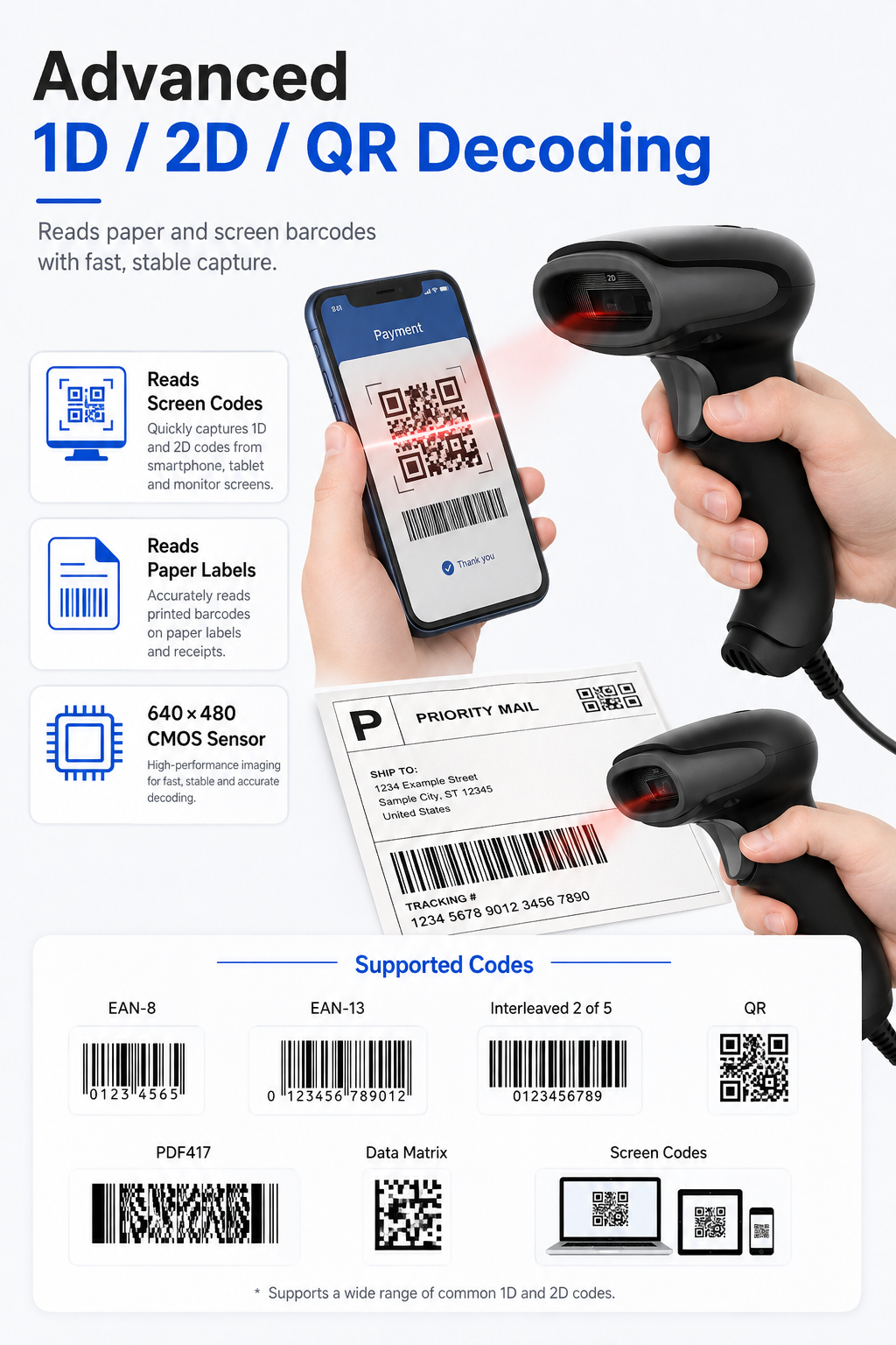 X-760E wired 2D barcode scanner 1D 2D QR code decoding