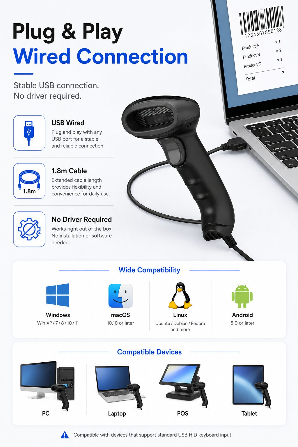 X-760E USB wired barcode scanner plug and play compatibility