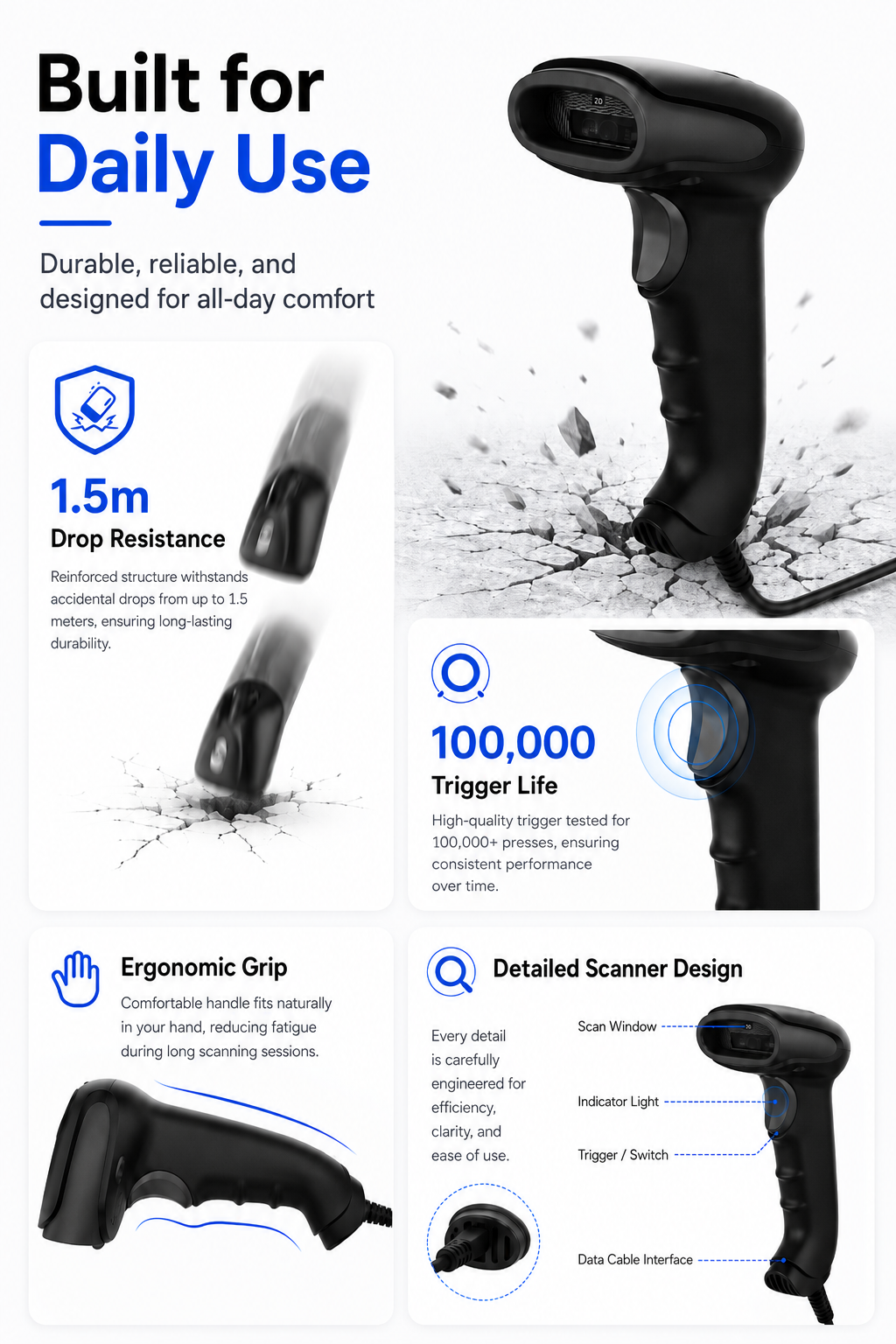 X-760E barcode scanner 1.5 meter drop resistance ergonomic design