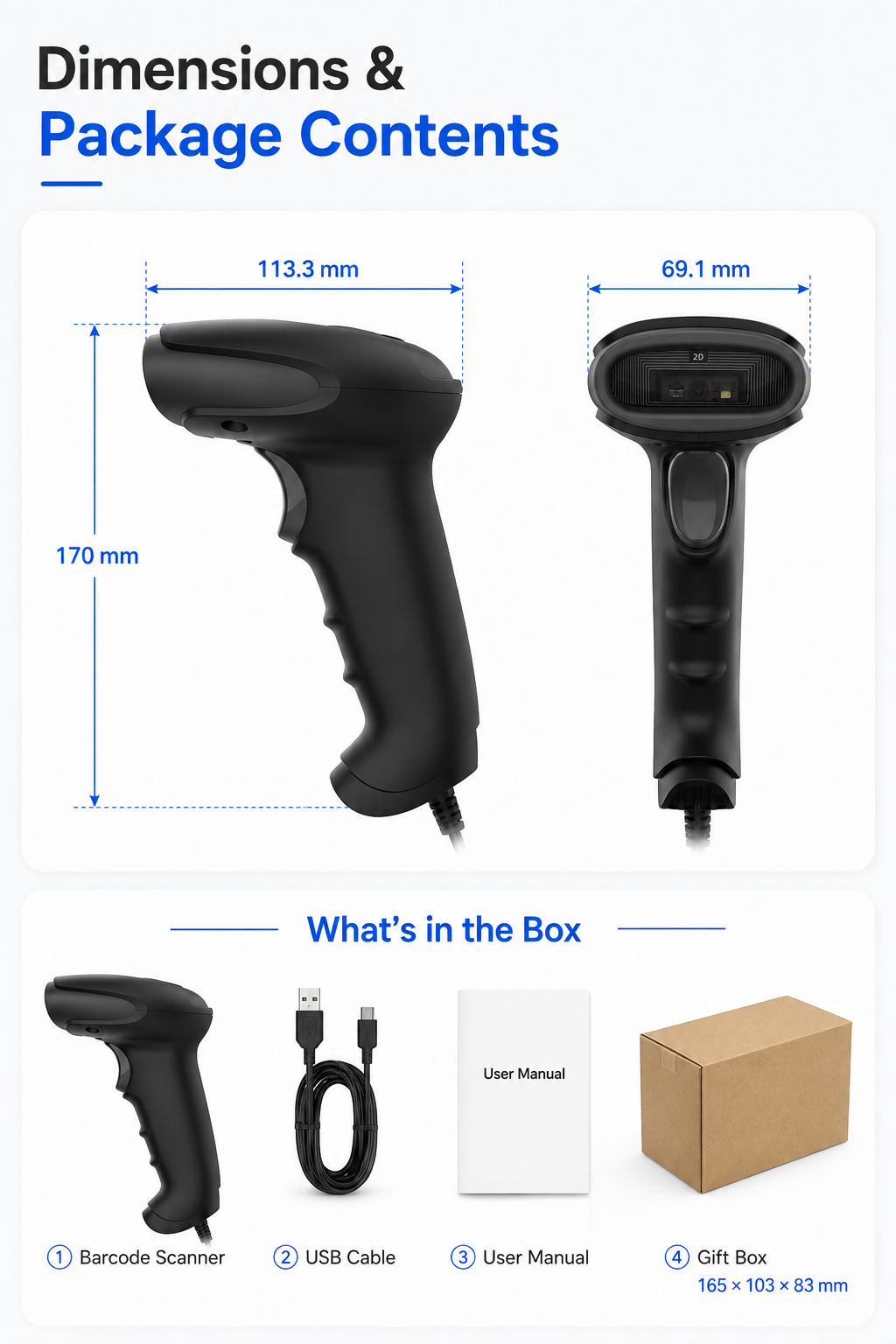 X-760E handheld barcode scanner dimensions and package contents