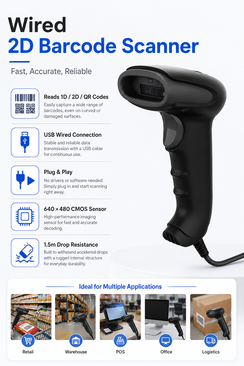 X-760E wired 2D barcode scanner retail warehouse POS logistics applications