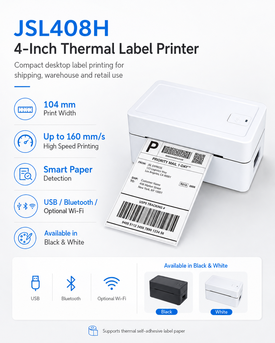 JSL408H thermal label printer connectivity and printing features