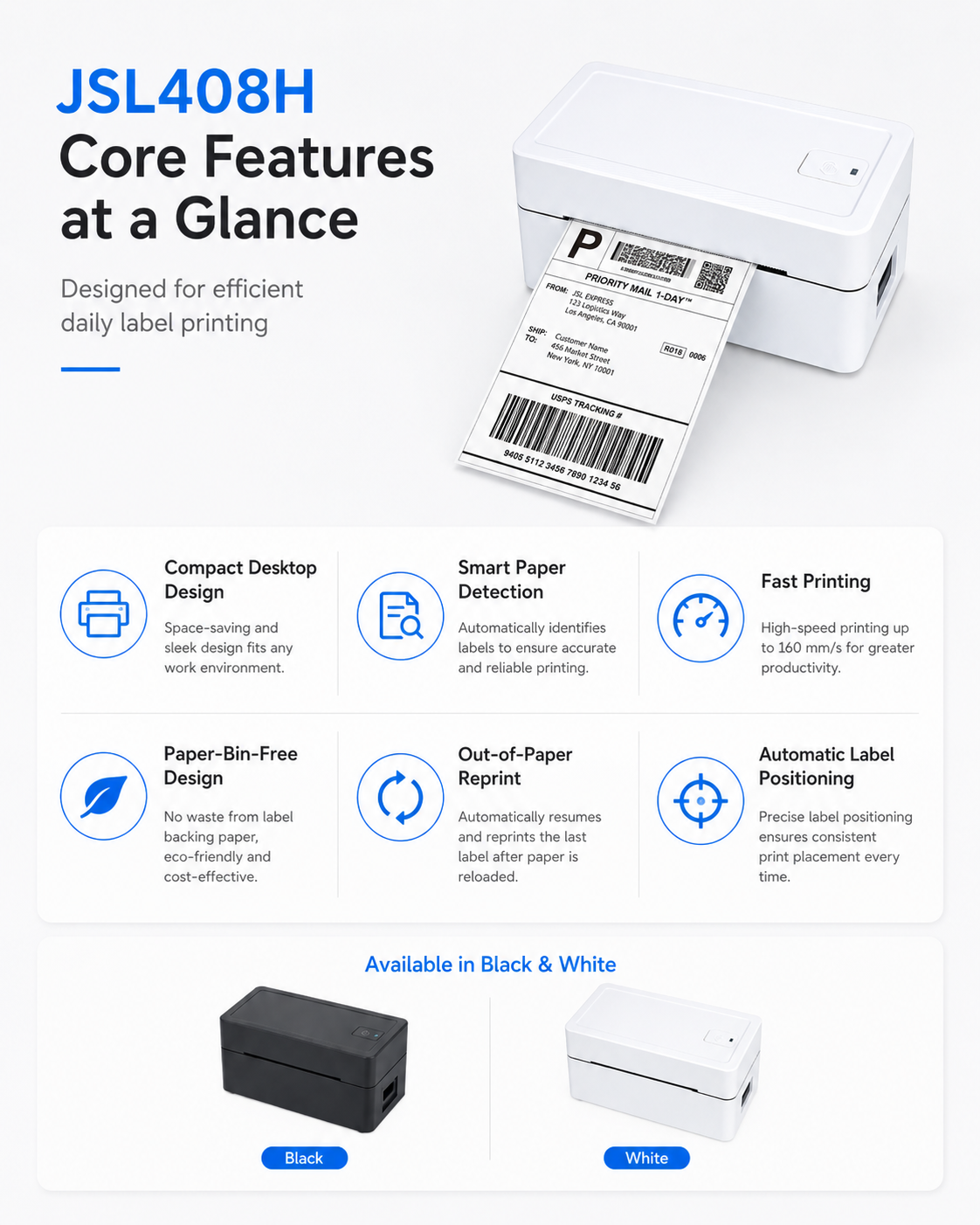 JSL408H thermal label printer paper loading and smart detection
