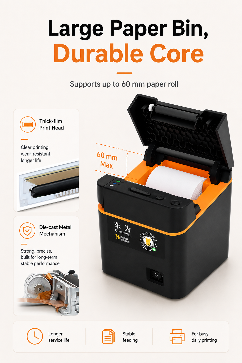 JL-310 thermal receipt printer large paper roll compartment and durable mechanism