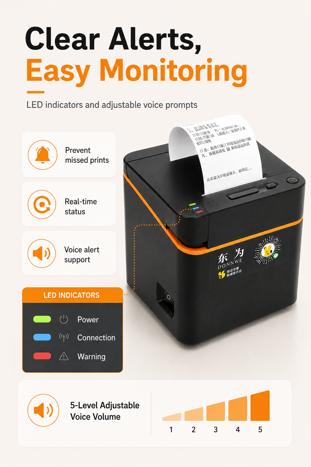 JL-310 receipt printer LED indicators and voice alert functions