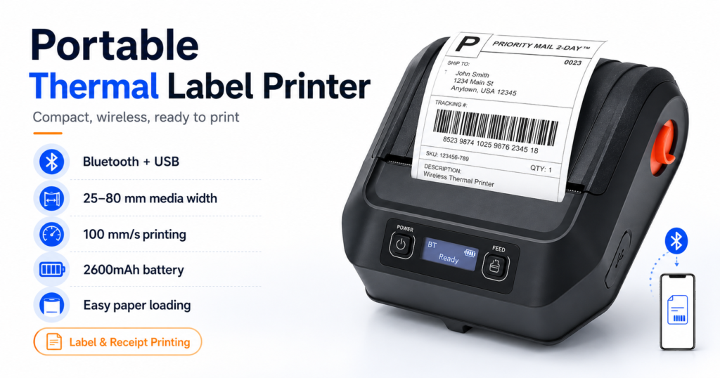 portable thermal printer for label and receipt printing
